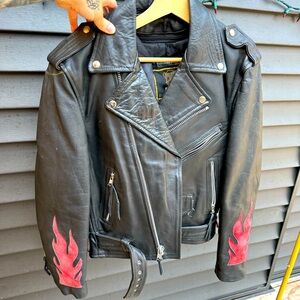 Leather Thinsulate Biker Jacket with Flame Sleeve Detail
